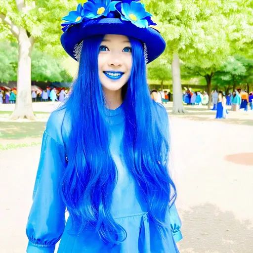 Prompt: 14 year old girls at a park, blue hair, blue lipstick, blue eyes, blue makeup, blue clothes, blue flower hats. Happy face.