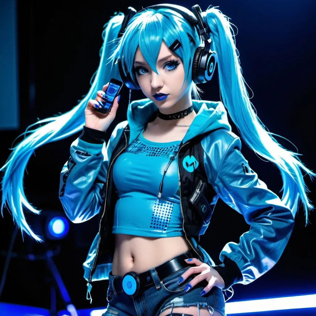 Prompt: Cyber goth hatsune miku, electronic dance, full body view, blue lipstick, blue eyes, blue eyeshadow, blue crop top, blue jacket, blue nails, blue hair, blue headphones, blue microphone, blue speakers, blue lights shining, media studio with cameras pointed at her, full lips, Checkmark on her crop top