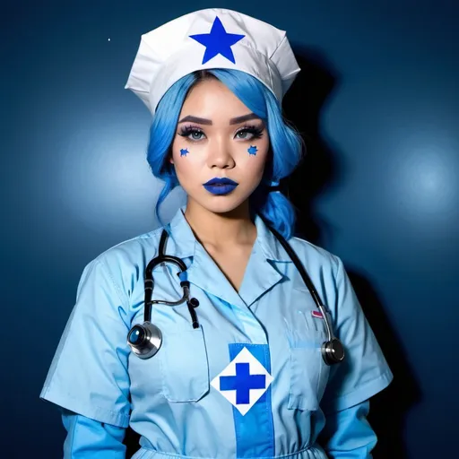 Prompt: 2010s, Filipino female medic wearing a blue nurse hat, blue lipstick, blue makeup including blue eyeshadow and blue blush, blue hair, blue eyebrows, blue eyes, colourised, blue quarantine suit, full body shot, photography, blue hearts and stars, serious face.