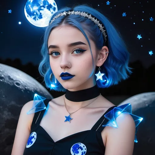 Prompt: 14 year old girl, outside moon behind her, blue lipstick, blue hair, Puffy face, long ice nails, Spiral earrings, dark blue plastic dress, blue Star Patch, glowing pencil.  