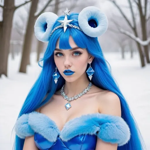 Prompt: Blue canary, Heavy snow, Giant Blue Orb in Sky, Long Straight Blue hair, Ice crystal tiara, Thick bushy blue eyebrows, medium sized nose, plump diamond shape face,  Blue lipstick, ethereal blue eyes, blue Triangle Star earrings, soft ears, Large blue plastic chain around neck, Blue heart necklaces, blue candy shaped rings, Large blue fur coat with blue plastic gloves. Long Blue Skirt with moons.