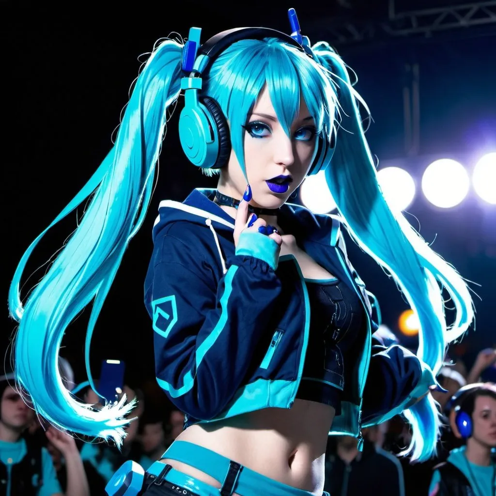 Prompt: Cyber goth hatsune miku, electronic dance, full body view, blue lipstick, blue eyes, blue eyeshadow, blue crop top, blue jacket, blue nails, blue hair, blue headphones, blue microphone, blue speakers, blue lights shining, political rally