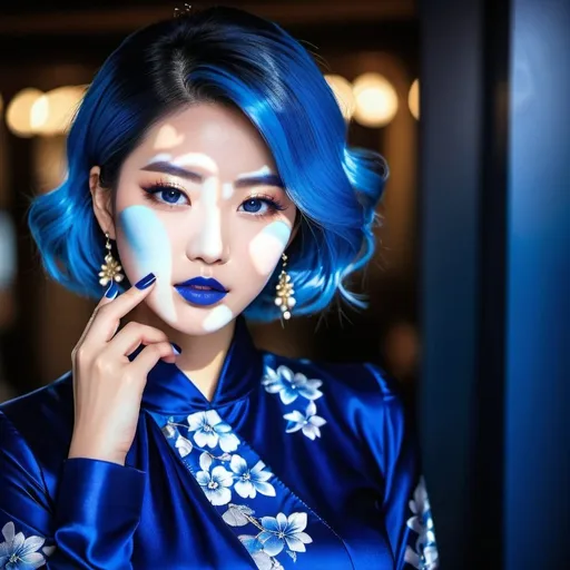 Prompt:  2 Korean women, blue makeup, blue lipstick, blue eyes, blue hair, blue eyebrows, blue blush, blue silk pattern dress, long dark blue skirt, blue finger nails. Photograph, realistic, any facial expression.