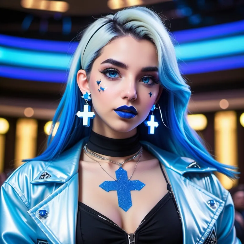 Prompt: 2020s, Arab women, blue choker, blue eyes, blue hair, blurry, blurry background, disco, party, choker, cross, blue cross earrings, depth of concert hall, blue heart earrings, blue eyeshadow, blue lights, jacket, jewelry, k/da \(league of legends\), lips, blue lipstick, long blue hair, looking at viewer, makeup, tv screens, photo \(medium\), piercing, solo, star \(symbol\), blue star earrings, star print