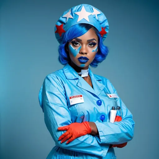 Prompt: 2010s, Angolan female medic wearing a blue nurse hat, blue lipstick, blue makeup including blue eyeshadow and blue blush, blue hair, blue eyebrows, blue eyes, colourised, blue quarantine suit, full body shot, photography, blue hearts and stars, serious face.