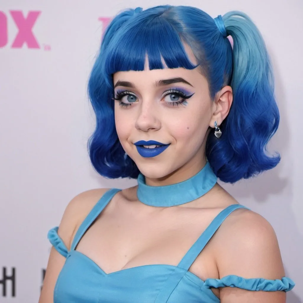 Prompt: Melanie Martinez with blue mullet, blue eyes, flowing blue hair, smiling lips with blue lipstick, blue dress, blue makeup, blue eyeshadow.



