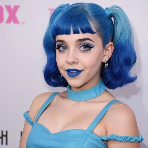 Prompt: Melanie Martinez with blue mullet, blue eyes, flowing blue hair, smiling lips with blue lipstick, blue dress, blue makeup, blue eyeshadow.



