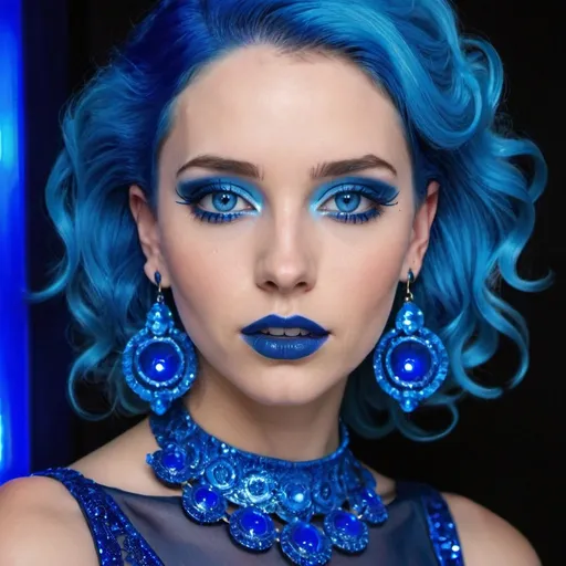 Prompt: Woman with blue earrings, blue eyes, blue hair,  blue lipstick, blue dress, blue makeup, blue eyeshadow. blue jewelry, blue lights, dark blue shoes



