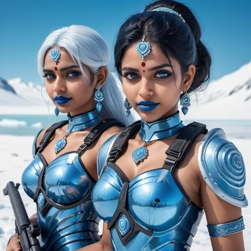 Prompt: Two indian women holding a m-4 rifle, blue lipstick, snowy beach, blue heart necklaces, Thick blue soldier armor, pleasant face, blue spiral eyes, blue eyeshadow, long ice earrings. Cold color scheme, ultradetailed, 8k resolution, perfect, smooth, high quality, shiny. 
