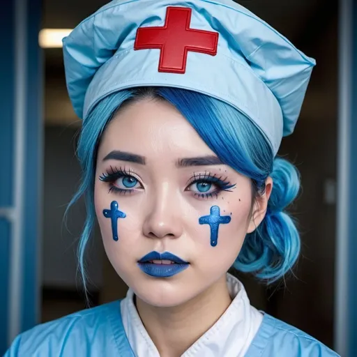 Prompt: 2010s, Chinese female medic wearing a blue nurse hat, blue lipstick, blue makeup including blue eyeshadow and blue blush, blue hair, blue eyebrows, blue eyes, colourised, blue quarantine suit, full body shot, photography, blue hearts and stars, sad.