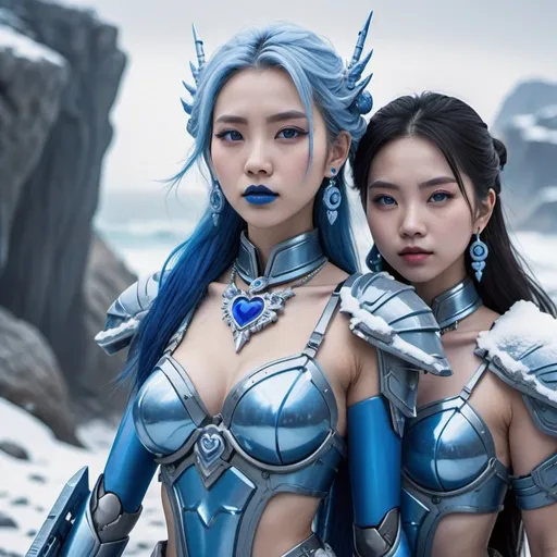 Prompt: Two chinese women holding a sniper, blue lipstick, snowy rocky cliff beach, blue heart necklaces, Thick blue soldier armor, pleasant face, blue spiral eyes, blue eyeshadow, long ice earrings. Cold color scheme, ultradetailed, 8k resolution, perfect, smooth, high quality, shiny. 