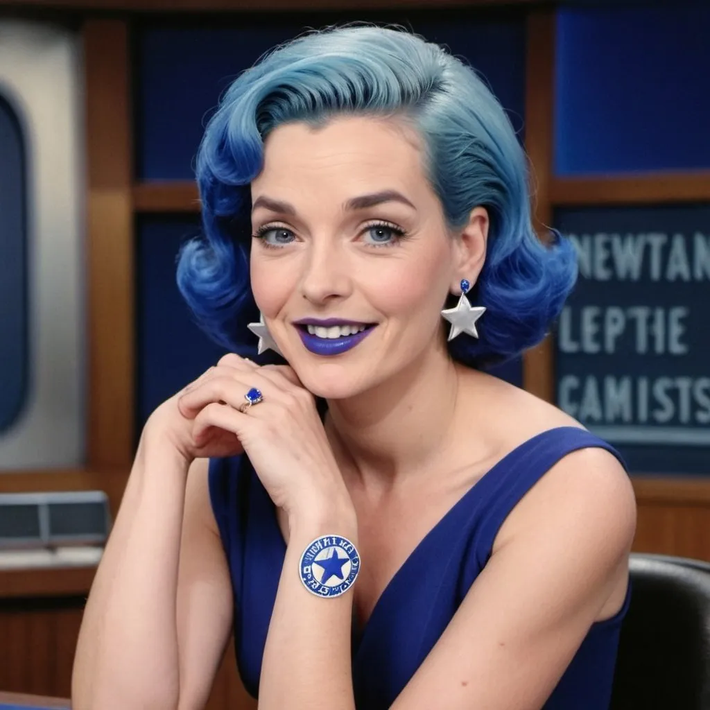 Prompt: 1950s, 35 year old white woman, news caster, in news room, blue lipstick, blue hair, Puffy face, slight smile, long ice nails, blue earrings, dark blue gown, blue Star Patch,  