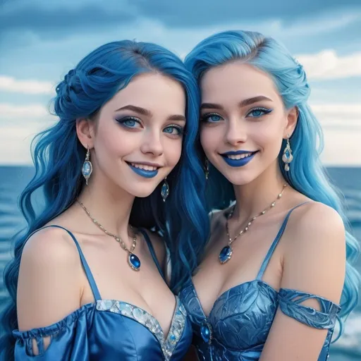 Prompt: a picture of 2 women with long blue hair, posing together large blue eyes wearing blue dresses, blue eyeshadow, and blue lipstick smiling at the camera, blue makeup, jewerly on hands, Artgerm, fantasy art, realistic shaded perfect blue face, a detailed painting, icy sea background, 18 years old, blue lipstick 