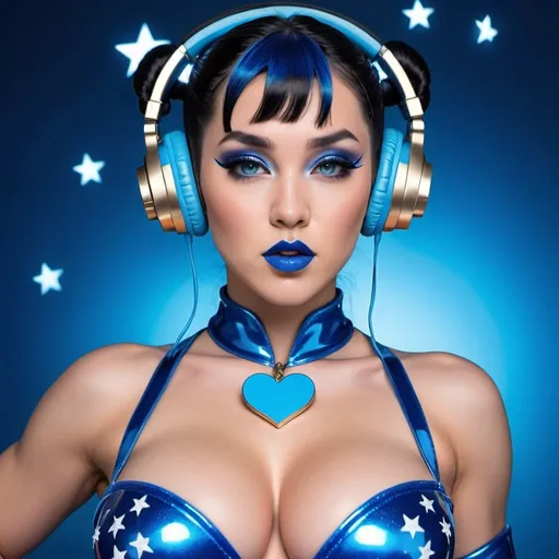 Prompt: 2020s, Chun-li as a female popstar wearing a blue headphones, aqua blue lipstick, glossy and sparkling lips, blue makeup including blue eyeshadow and blue blush, dark blue hair, blue eyebrows, blue eyes, colourised, blue plastic gown, full body shot, photography, blue hearts and stars, euphoric, bigbreast.