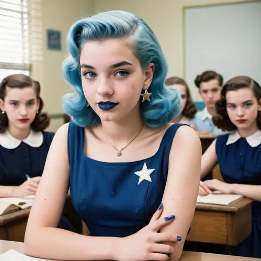 Prompt: 1950s, 15 year old white girls, students, in classroom, blue lipstick, blue hair, Puffy face, slight smile, long ice nails, blue earrings, dark blue gown, blue Star Patch,  