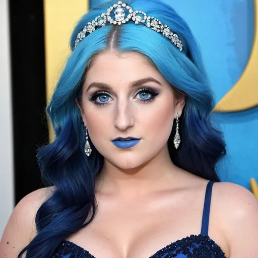 Prompt: Meghan Trainor bimbo hypnotic blue lips , blue hair, blue eyes, blue makeup, blue eyeshadow, blue eyebrows, dark blue wedding dress