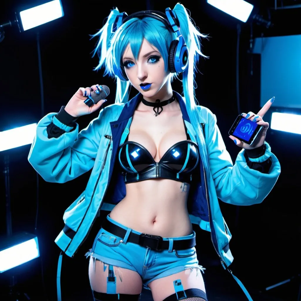 Prompt: Cyber goth hatsune miku, electronic dance, full body view, blue lipstick, blue eyes, blue eyeshadow, blue crop top, big chest, open blue jacket, blue nails, blue hair, blue headphones, blue microphone, blue speakers, blue lights shining, media studio with cameras pointed at her, full lips, Checkmark on her crop top