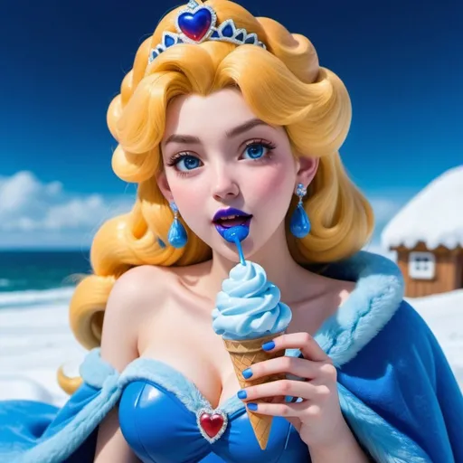 Prompt: Princess Peach eating candy ice cream, blue lipstick, snowy beach, blue heart necklaces, Thick blue fur coat, Blue Cape, pleasant face, blue spiral eyes, Blue eyeshadow, long ice earrings. Cold color scheme, ultradetailed, 8k resolution, perfect, smooth, high quality, shiny. 