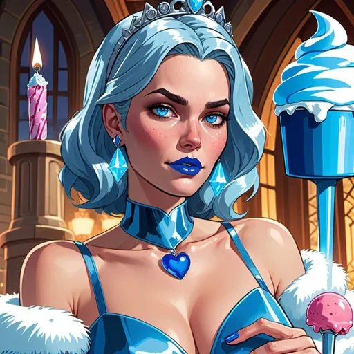 Prompt: GTA v cover art, emma frost with ultradetailed large shiny blue lips, Blinding blue Heart Earrings, Blue Xtra Large Metal Ball Gown, blue plastic Gloves with blue Fur, Glowing Blue eyes, Artisans Cut, Gleaming blueberry Ice Cream, blue Tiara. Pristine blue hair, confident facial expression, Full eyebrows with blue tint, blue Candy necklace, Wintry Aura, blue Armor Plated Shoulders, Cake Covered blue wand, blue Sharp Nails, coastal castle, Blue Moon. High resolution, Cold color scheme, high radiance.