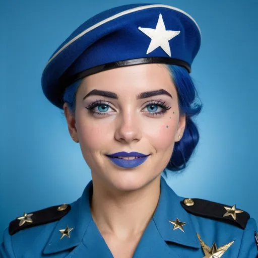 Prompt: 2010s, Cuban female officer wearing a blue beret, blue lipstick, blue makeup including blue eyeshadow and blue blush, blue hair, blue eyebrows, blue eyes, colourised, blue uniform beret, full body shot, photography, blue hearts and stars soft smile.