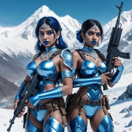 Prompt: Two indian women holding a m-4 rifle, blue lipstick, snowy mountain coast, blue heart necklaces, Thick blue soldier armor, smurking face, blue spiral eyes, blue eyeshadow, long ice earrings. Cold color scheme, ultradetailed, 8k resolution, perfect, smooth, high quality, shiny. 