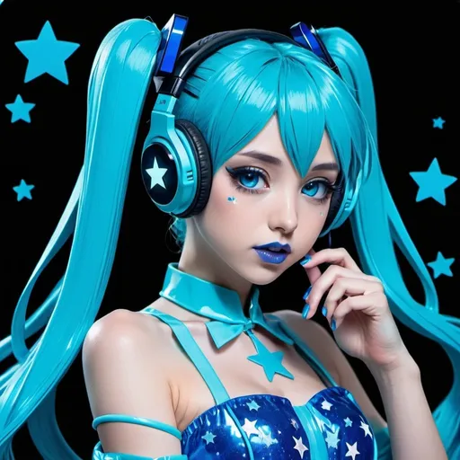 Prompt: 2020s, hatsune miku as a female popstar wearing a blue headphones, aqua blue lipstick, glossy and sparkling lips, blue makeup including blue eyeshadow and blue blush, dark blue hair, blue eyebrows, blue eyes, colourised, blue plastic gown, full body shot, anime, drawing, blue hearts and stars, euphoric.