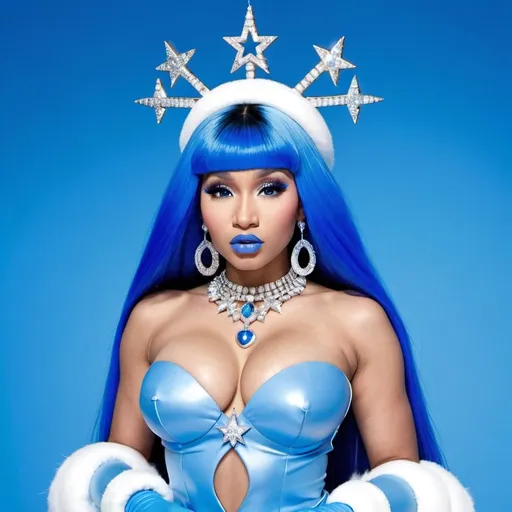Prompt: Nicki minaj, Heavy snow, Giant Blue Orb in Sky, Long Straight Blue hair, Ice crystal tiara, Thick bushy blue eyebrows, medium sized nose, plump diamond shape face,  Blue lipstick, ethereal blue eyes, Triangle Star earrings, soft ears, Large blue plastic chain around neck, Blue heart necklaces, blue candy shaped rings, Large blue fur coat with blue plastic gloves. Long Blue Skirt with moons.