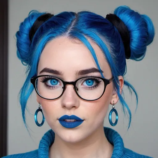 Prompt: a hot blue hair girl, with bun, blue eyes and glasses, blue lipstick, blue sweater, blue eyeshadow, blue makeup, blue halo earrings. 