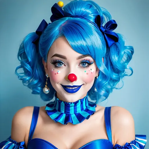 Prompt: Blue Lolita clown, smiling, blue hair, blue spandex bodysuit, blue lipstick, blue eyes, blue clown nose.