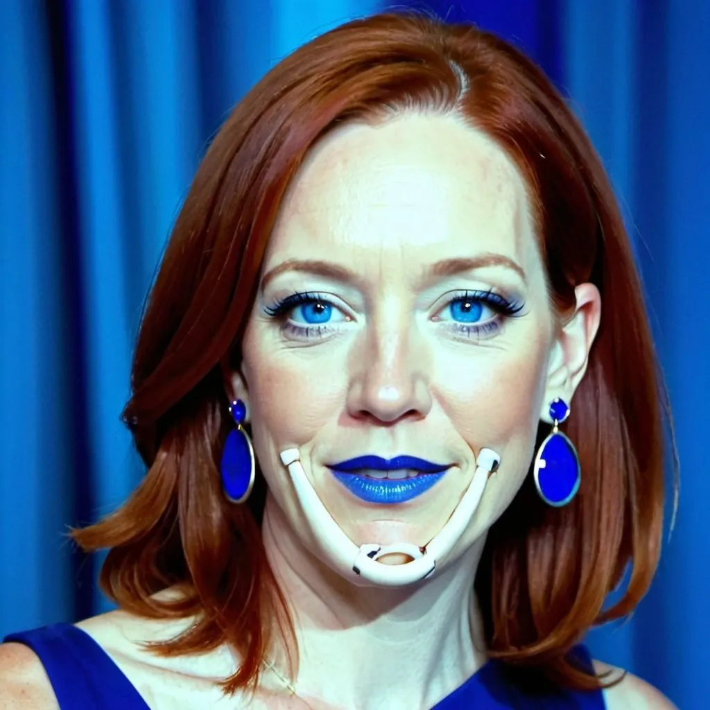 Prompt: Jen Psaki with blue earrings, blue eyes, blue hair,  blue lipstick, blue dress, blue makeup, blue eyeshadow. blue jewelry, blue lights



