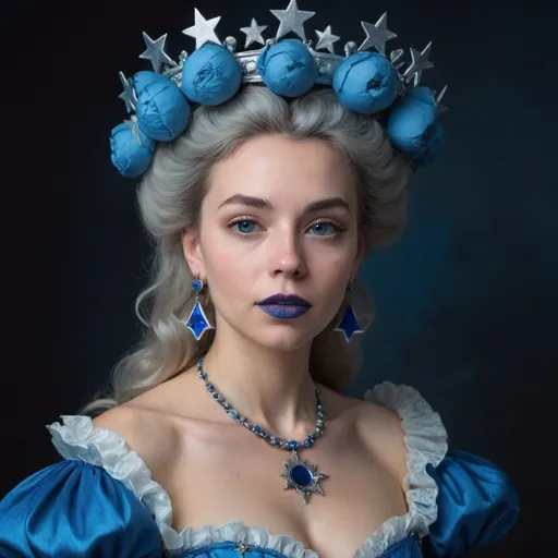 Prompt: a woman in a blue costume with a star crown on her head and a blue lip and a blue dress, Carla Wyzgala, rococo, blue, a character portrait