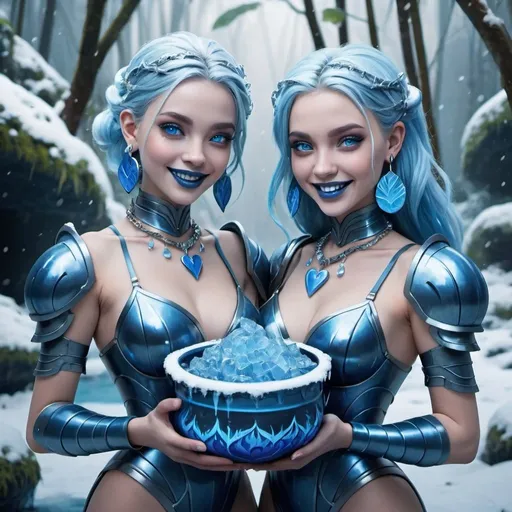 Prompt: Two women holding a pot, blue lipstick, flooded snowy jungle, blue heart necklaces, blue kevlar armor, smile no teeth, blue spiral eyes, blue eyeshadow, long ice earrings. Cold color scheme, ultradetailed, 8k resolution, perfect, smooth, high quality, shiny. 