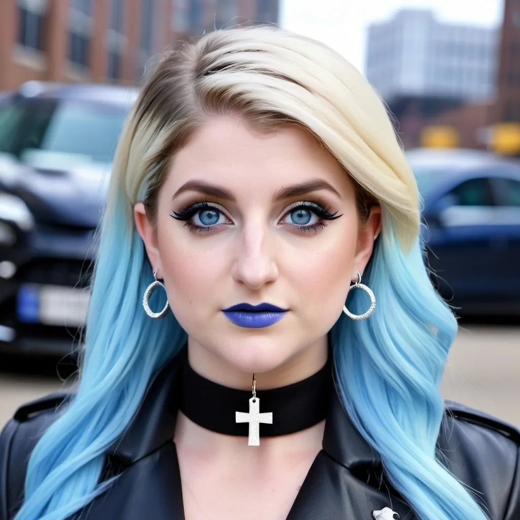 Prompt: Meghan Trainor, black choker, blue eyes, blue hair, blurry, blurry background, building, car, choker, cross, cross earrings, depth of field, earrings, eyeshadow, ground vehicle, jacket, jewelry, k/da \(league of legends\), lips, blue lipstick, long hair, looking at viewer, makeup, motor vehicle, photo \(medium\), piercing, solo, star \(symbol\), star earrings, star print