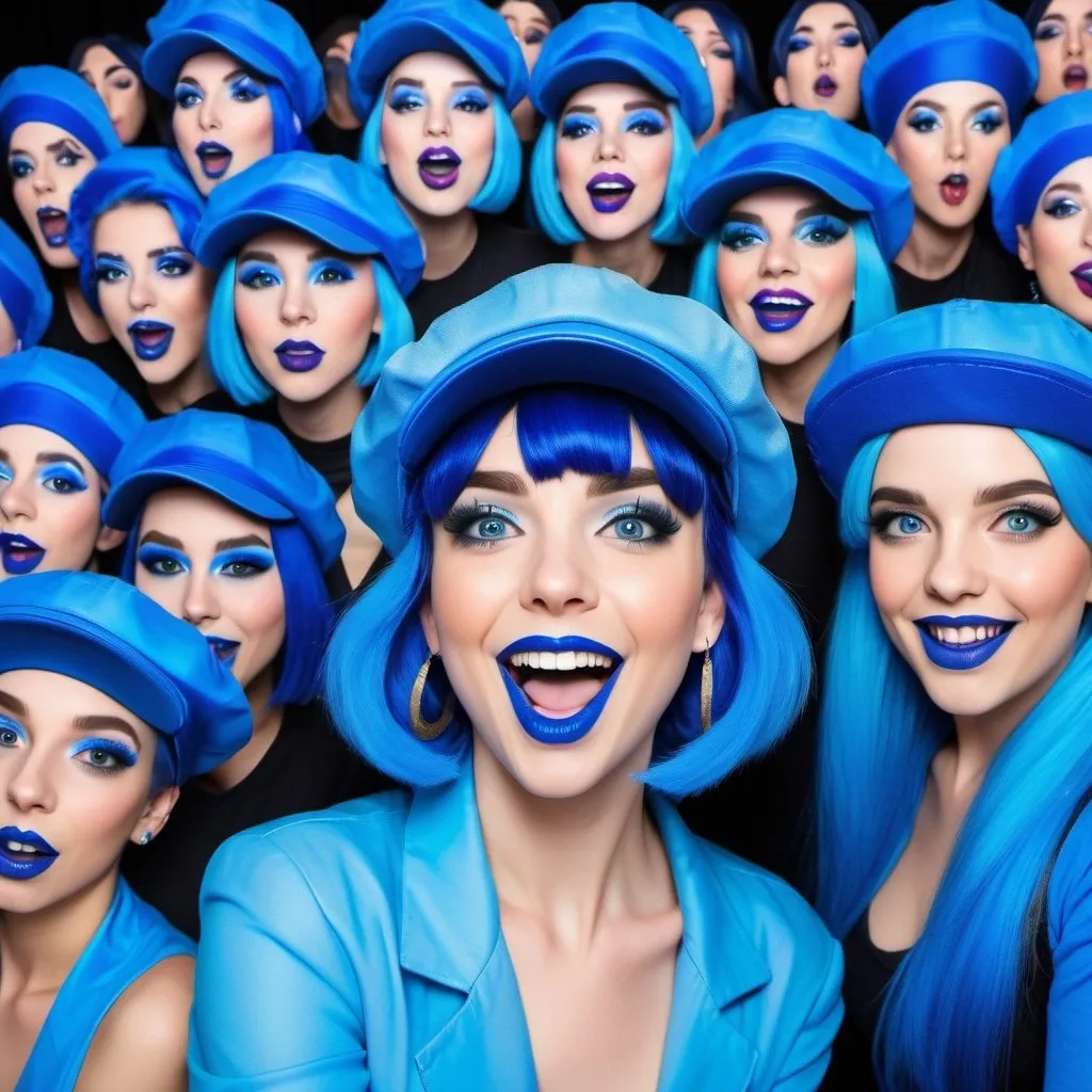 Prompt: Women in a concert, blue spiral movie screen, blue hair, blue lipstick, blue eyes, blue makeup, blue clothes, blue hats. Happy face.