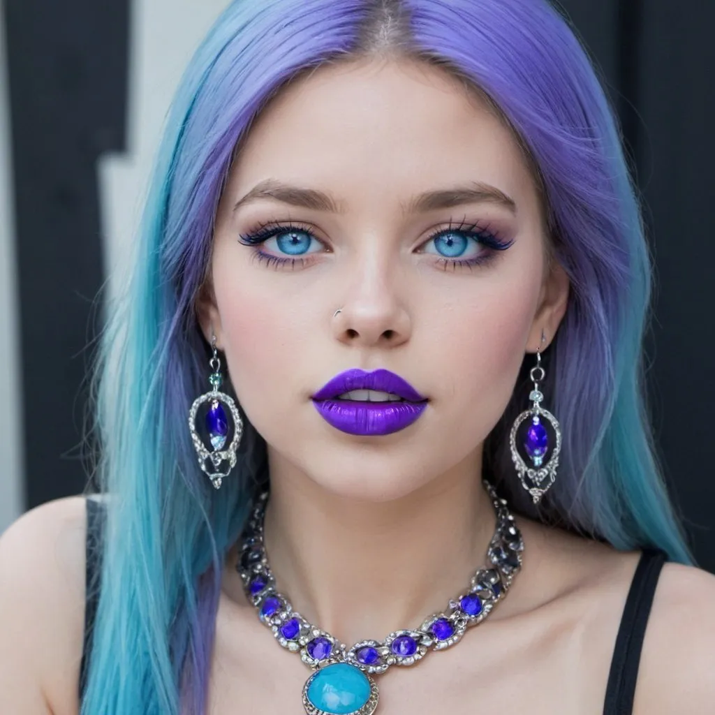 Prompt: 1girl, blue eyes, blue lips, blue skin,  colored skin, eyeshadow, jewelry, lips, lipstick, long hair, makeup, necklace, nose, purple lips, solo, teeth