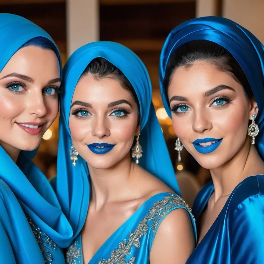 Prompt:  3 ladies with blue  eyes, flowing blue hair, smiling lips with blue lipstick, blue jacket, blue makeup, blue eyeshadow. At wedding, flat chest, burka.