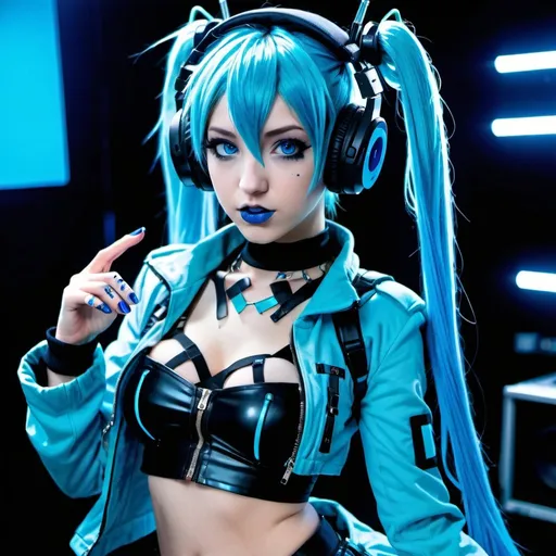 Prompt: Cyber goth hatsune miku, electronic dance, full body view, blue lipstick, blue eyes, blue eyeshadow, blue crop top, big chest, open blue jacket, blue nails, blue hair, blue headphones, blue microphone, blue speakers, blue lights shining, media studio with cameras pointed at her, full lips, Checkmark on her crop top