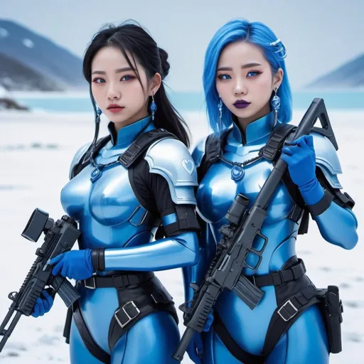 Prompt: Two chinese women holding a m-4 rifle, blue lipstick, snowy beach, blue heart necklaces, Thick blue soldier armor, pleasant face, blue spiral eyes, blue eyeshadow, long ice earrings. Cold color scheme, ultradetailed, 8k resolution, perfect, smooth, high quality, shiny. 