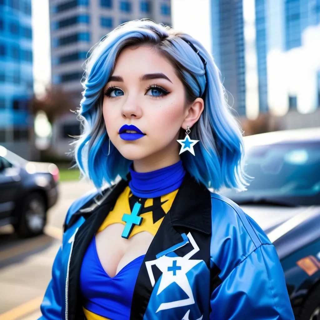 Prompt: Pokimane, blue choker, blue eyes, blue hair, blurry, blurry background, building, car, choker, cross, blue cross earrings, depth of field, blue heart earrings, blue eyeshadow, ground vehicle, jacket, jewelry, k/da \(league of legends\), lips, blue lipstick, long blue hair, looking at viewer, makeup, motor vehicle, photo \(medium\), piercing, solo, star \(symbol\), blue star earrings, star print