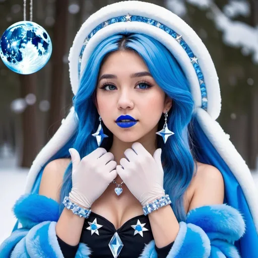 Prompt: Pokimane, Heavy snow, Giant Blue Orb in Sky, Long Straight Blue hair, Ice crystal tiara, Thick bushy blue eyebrows, medium sized nose, plump diamond shape face,  Blue lipstick, ethereal blue eyes, Triangle Star earrings, soft ears, Large blue plastic chain around neck, Blue heart necklaces, blue candy shaped rings, Large blue fur coat with plastic gloves. Long Blue Skirt with moons.