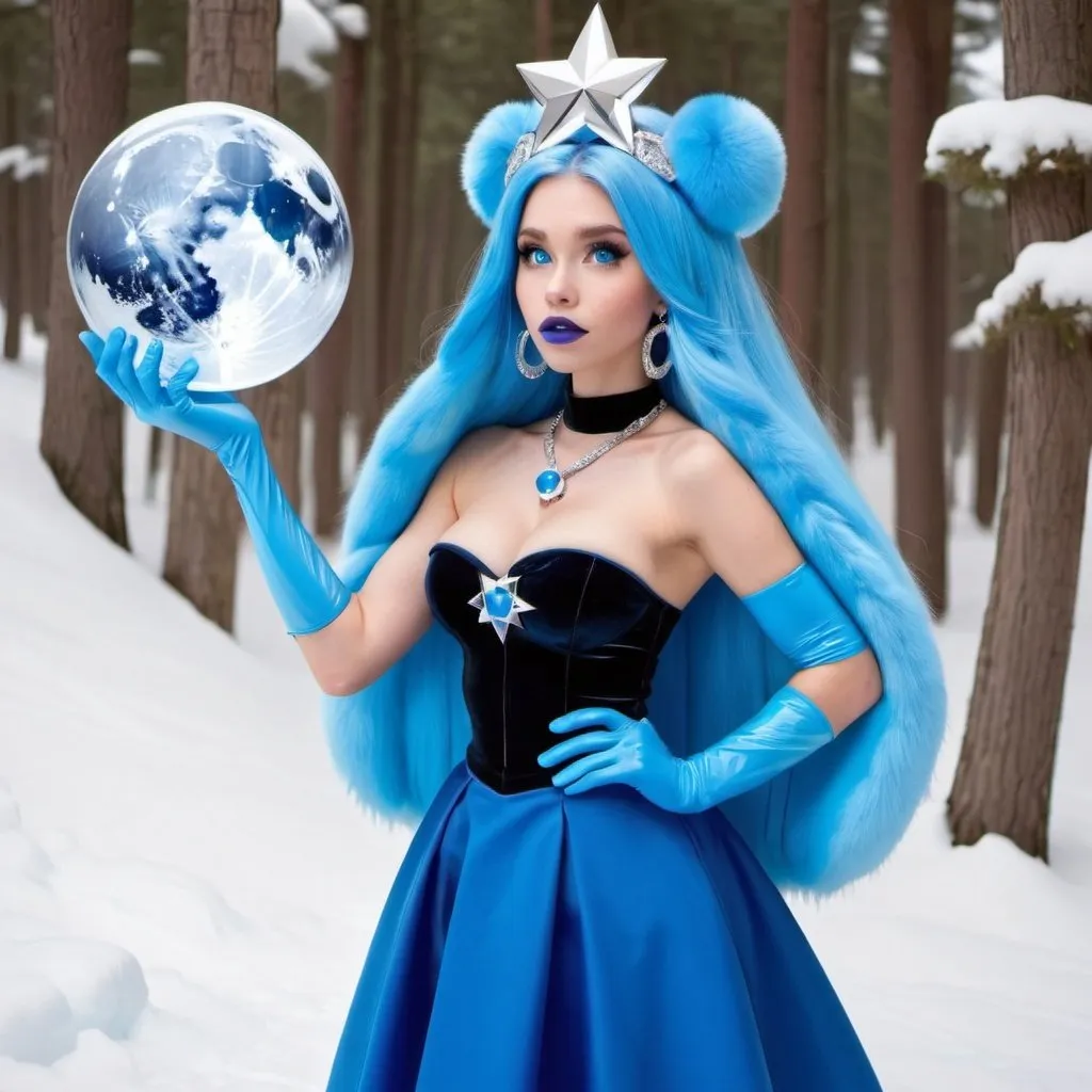 Prompt: kim possible, Heavy snow, Giant Blue Orb in Sky, Long Straight Blue hair, Ice crystal tiara, Thick bushy blue eyebrows, medium sized nose, plump diamond shape face,  Blue lipstick, ethereal blue eyes, Triangle Star earrings, soft ears, Large blue plastic chain around neck, Blue heart necklaces, blue candy shaped rings, Large blue fur coat with blue plastic gloves. Long Blue Skirt with moons.