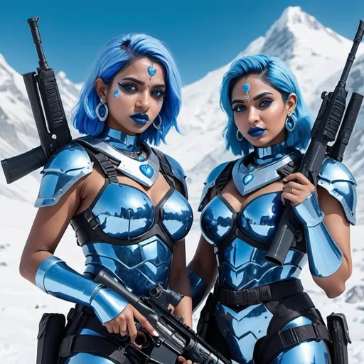 Prompt: Two indian women holding a m-4 rifle, blue lipstick, snowy mountain, blue heart necklaces, Thick blue soldier armor, smurking face, blue spiral eyes, blue eyeshadow, long ice earrings. Cold color scheme, ultradetailed, 8k resolution, perfect, smooth, high quality, shiny. 