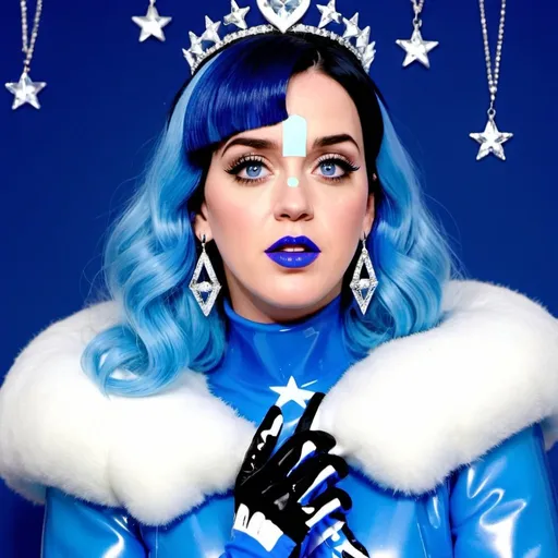 Prompt: Katy perry, Heavy snow, Giant Blue Orb in Sky, Long Straight Blue hair, Ice crystal tiara, Thick bushy blue eyebrows, medium sized nose, plump diamond shape face,  Blue lipstick, ethereal blue eyes, blue Triangle Star earrings, soft ears, Large blue plastic chain around neck, Blue heart necklaces, blue candy shaped rings, Large blue fur coat with blue plastic gloves. Long Blue Skirt with moons.