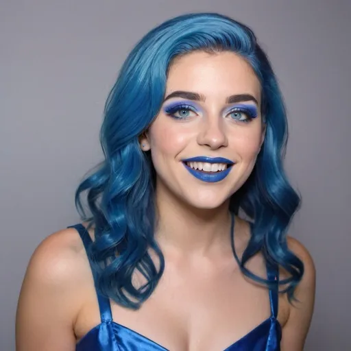 Prompt: Emily Compagno with blue mullet, blue eyes, flowing blue hair, smiling lips with blue lipstick, blue dress, blue makeup, blue eyeshadow. Making a speech



