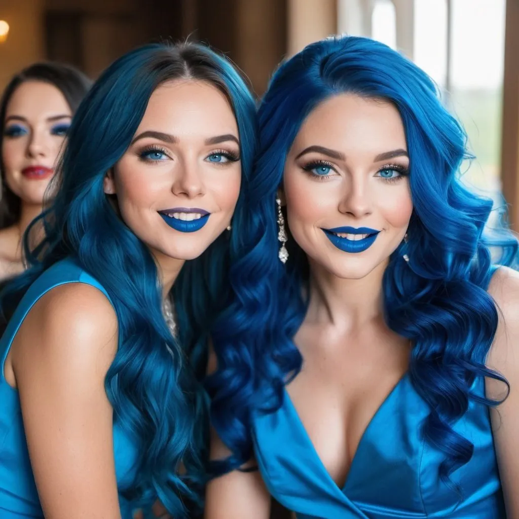 Prompt:  3 ladies with blue  eyes, flowing blue hair, smiling lips with blue lipstick, blue jacket, blue makeup, blue eyeshadow. At wedding