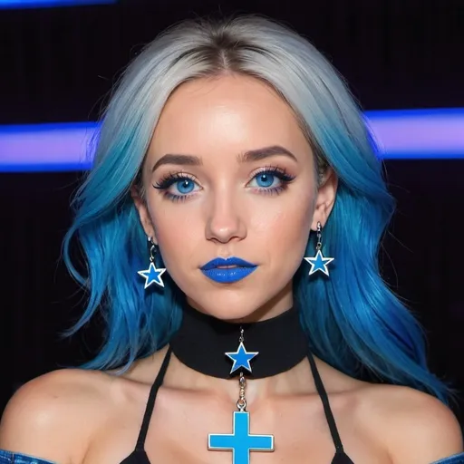 Prompt: 2020s, Kayleigh Mcenany , blue choker, blue eyes, blue hair, blurry, blurry background, disco, party, choker, cross, blue cross earrings, depth of concert hall, blue heart earrings, blue eyeshadow, blue lights, jacket, jewelry, k/da \(league of legends\), lips, blue lipstick, long blue hair, looking at viewer, makeup, tv screens, photo \(medium\), piercing, solo, star \(symbol\), blue star earrings, star print, 