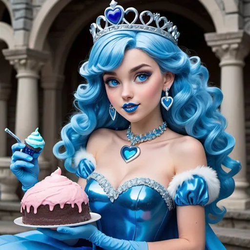 Prompt: Princess daisy with ultradetailed large shiny blue lips, Blinding blue Heart Earrings, Blue Xtra Large Metal Ball Gown, blue plastic Gloves with blue Fur, Glowing Blue eyes, Artisans Cut, Gleaming blueberry Ice Cream, blue Tiara. Pristine blue hair, confident facial expression, Full eyebrows with blue tint, blue Candy necklace, Wintry Aura, blue Armor Plated Shoulders, Cake Covered blue wand, blue Sharp Nails, coastal castle, Blue Moon. High resolution, Realistic, Cold color scheme, high radiance.