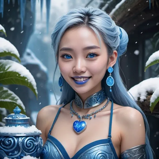 Prompt: Chinese woman holding a pot, blue lipstick, snowy jungle, blue heart necklaces, blue kevlar armor, happy face, blue spiral eyes, blue eyeshadow, long ice earrings. Cold color scheme, ultradetailed, 8k resolution, perfect, smooth, high quality, shiny. 