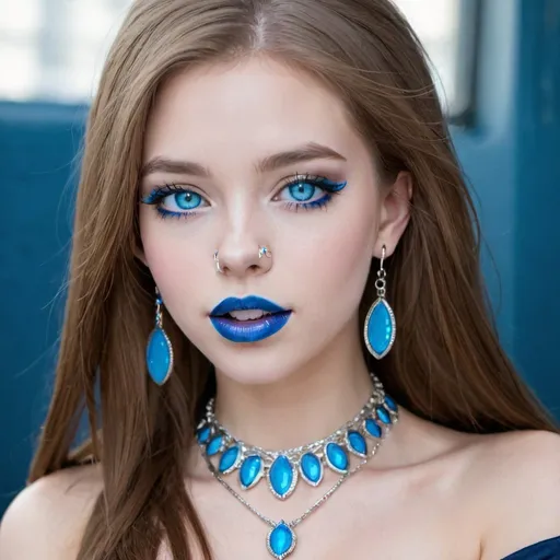 Prompt: 1girl, blue eyes, blue lips, blue skin,  colored skin, eyeshadow, jewelry, lips, lipstick, long hair, makeup, necklace, nose, solo, teeth