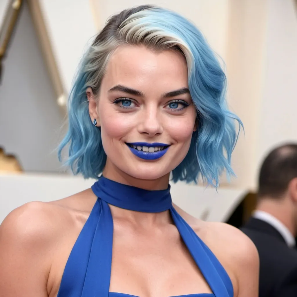 Prompt: Margot Robbie with blue mullet, blue eyes, flowing blue hair, smiling lips with blue lipstick, blue dress, blue makeup, blue eyeshadow.



